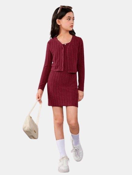 Vestido Infantil Canelado Com Jaqueta Complementar