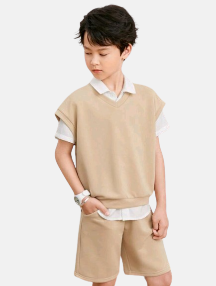 Conjunto Infantil 3 Peças: Camisa Social Colete e Bermuda de Moletom